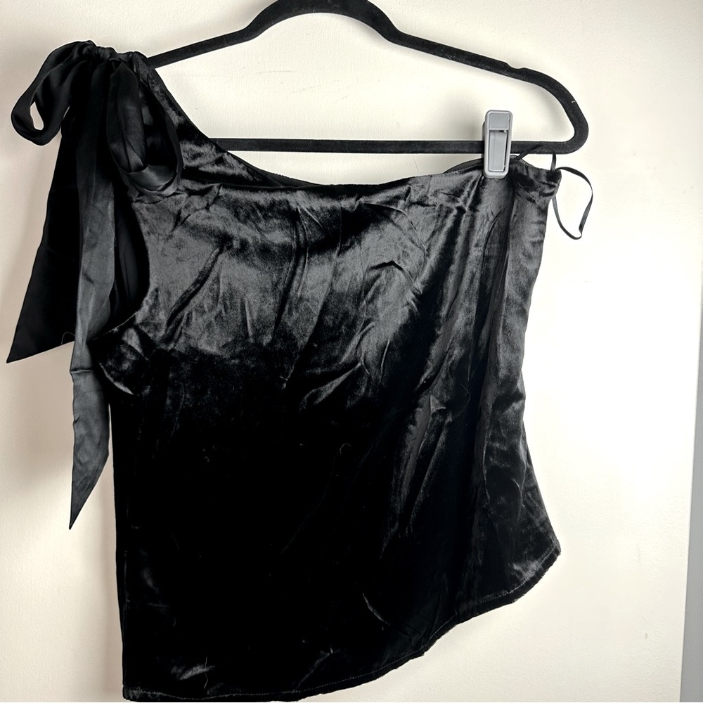 Ramy Brook NewYork Black Hattie One Shoulder Tie Bow Velvet Rayon Silk Top NWT M